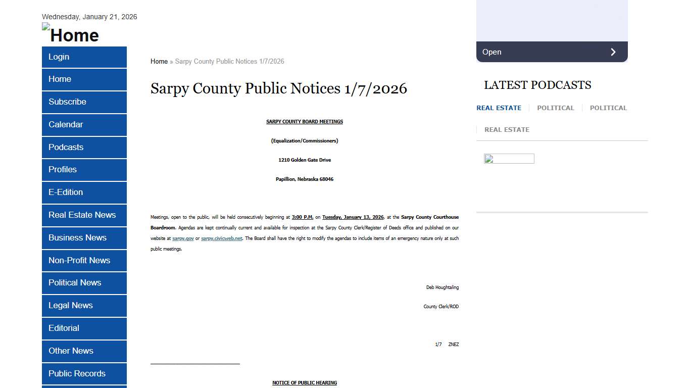 Sarpy County Public Notices 1/7/2026 | Omaha Daily Record